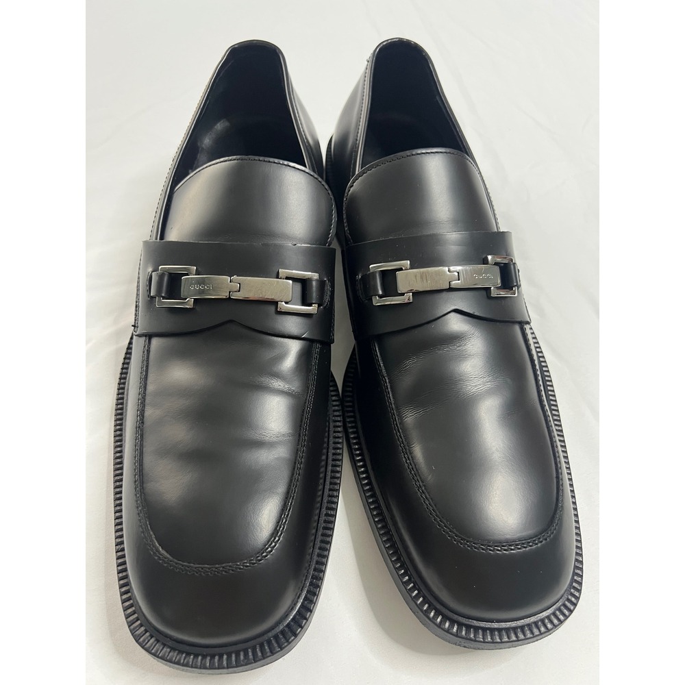 Vintage Gucci Mens Black Leather Loafers Dress Shoes Silver Buckle Italy Size 11 - Picture 4 of 9
